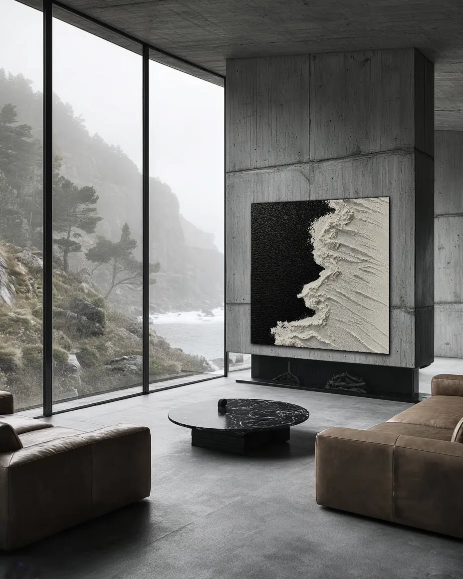 Black And White Square Painting Of Beach No.018