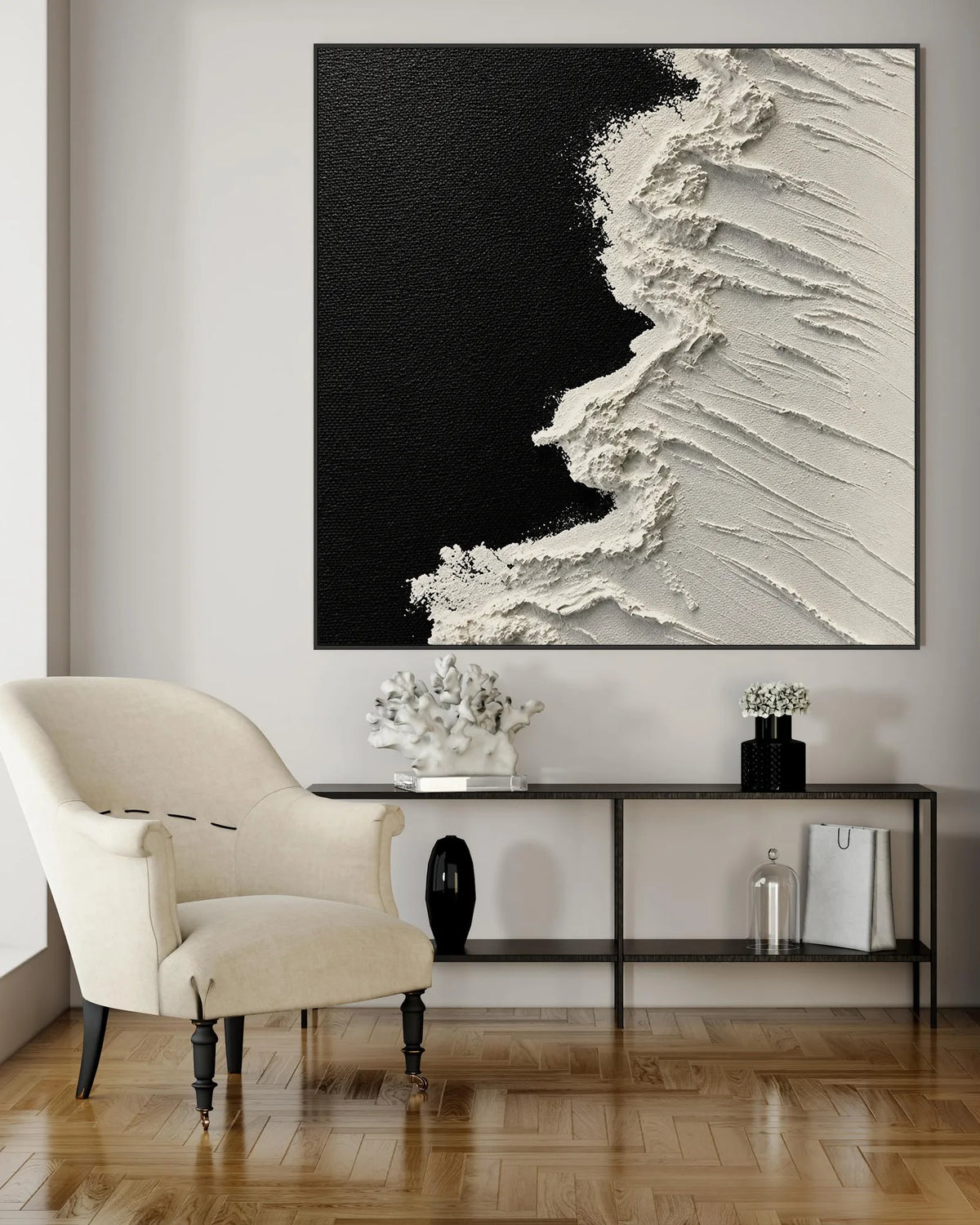 Black And White Square Painting Of Beach No.018