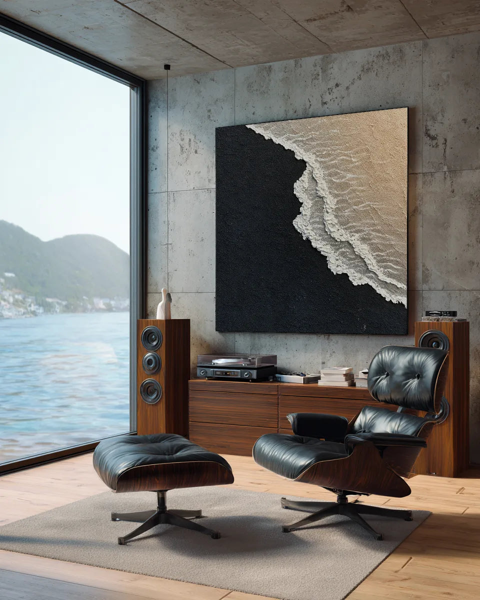 Black And White Square Painting Of Sea No.019